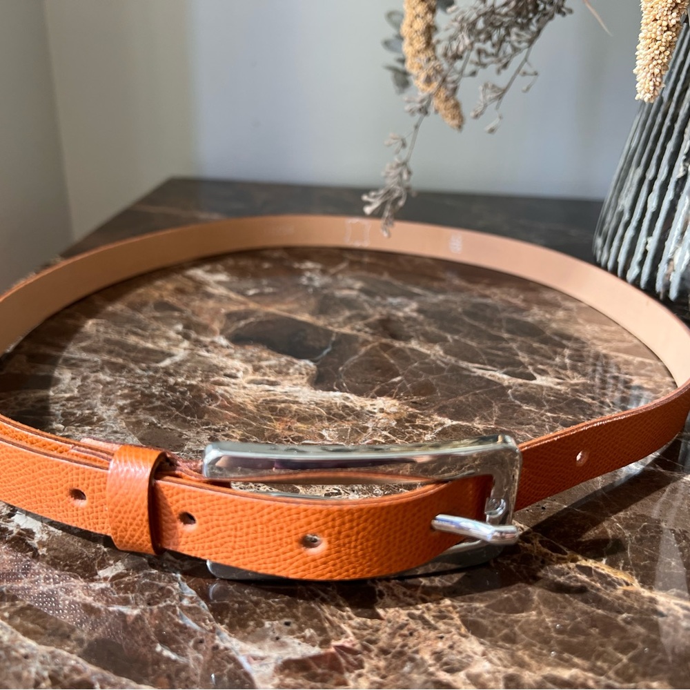 Brown/Orange Leather Belt with Large Silver Buckle